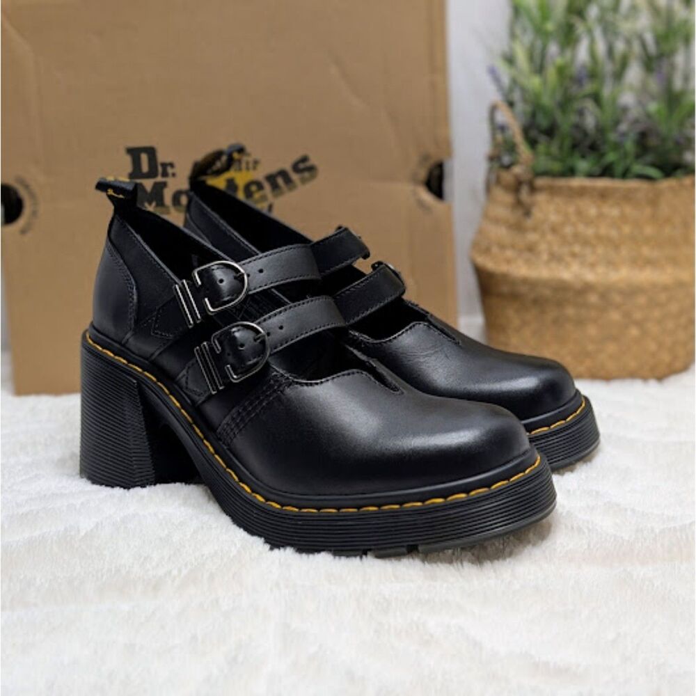 Dr. Martens Eviee Black Sendal Leather Heeled Shoes Women's 10 UK 8 NIB - Picture 1 of 15